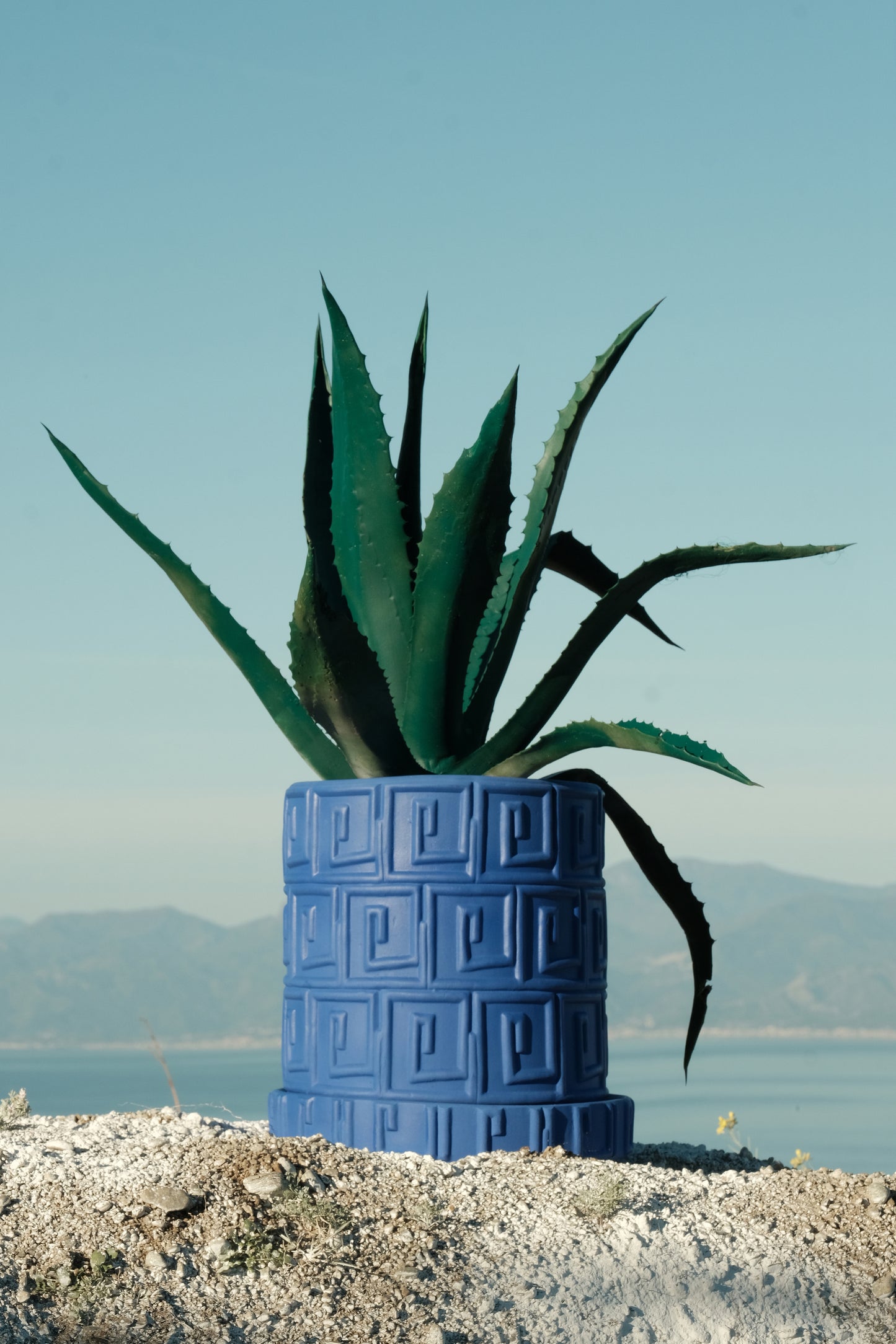 Terracotta Vase with Saucer Greca Blue