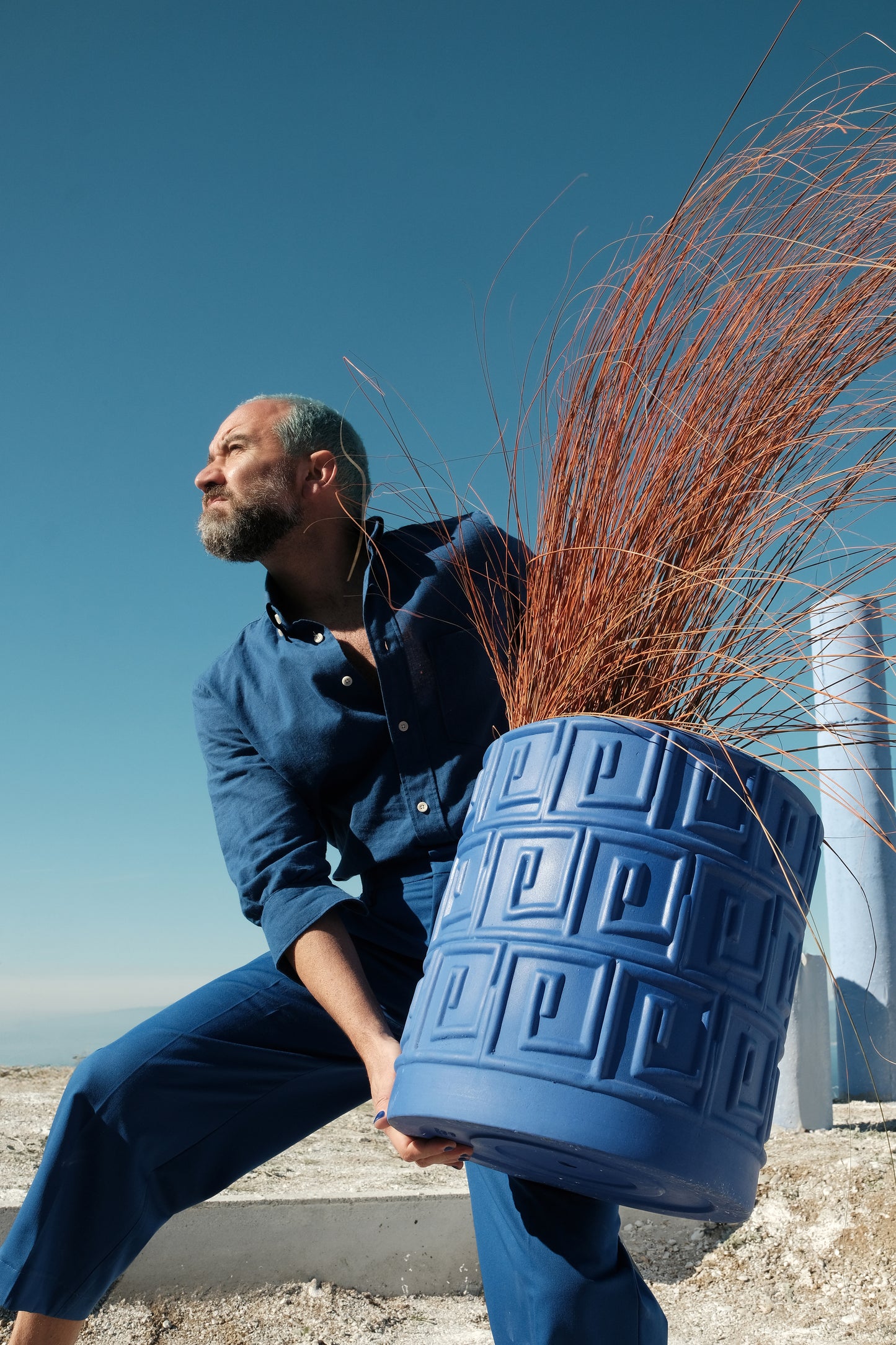 Terracotta Vase with Saucer Greca Blue