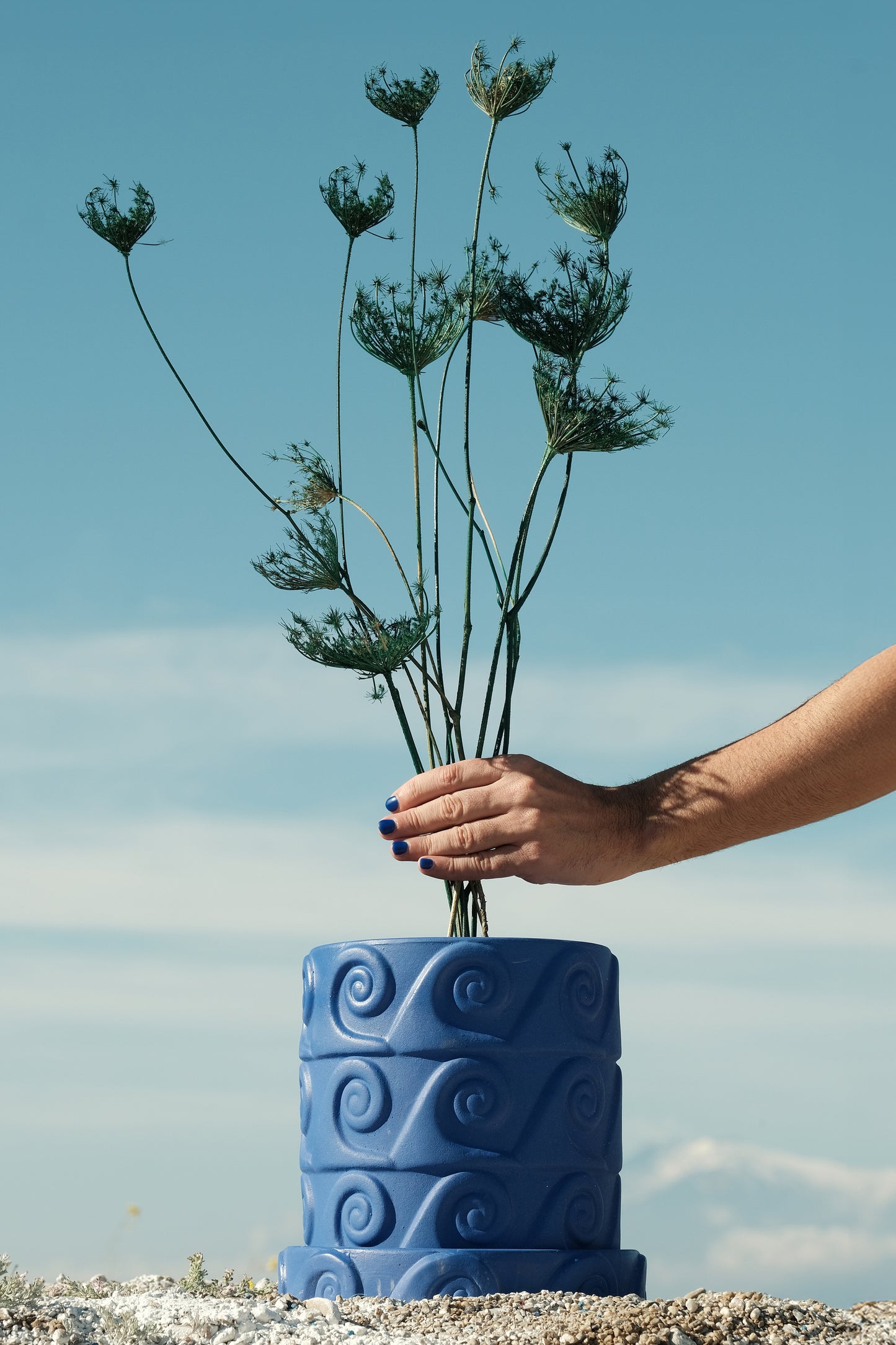 Vaso in Terracotta con Piattino Onda Blu