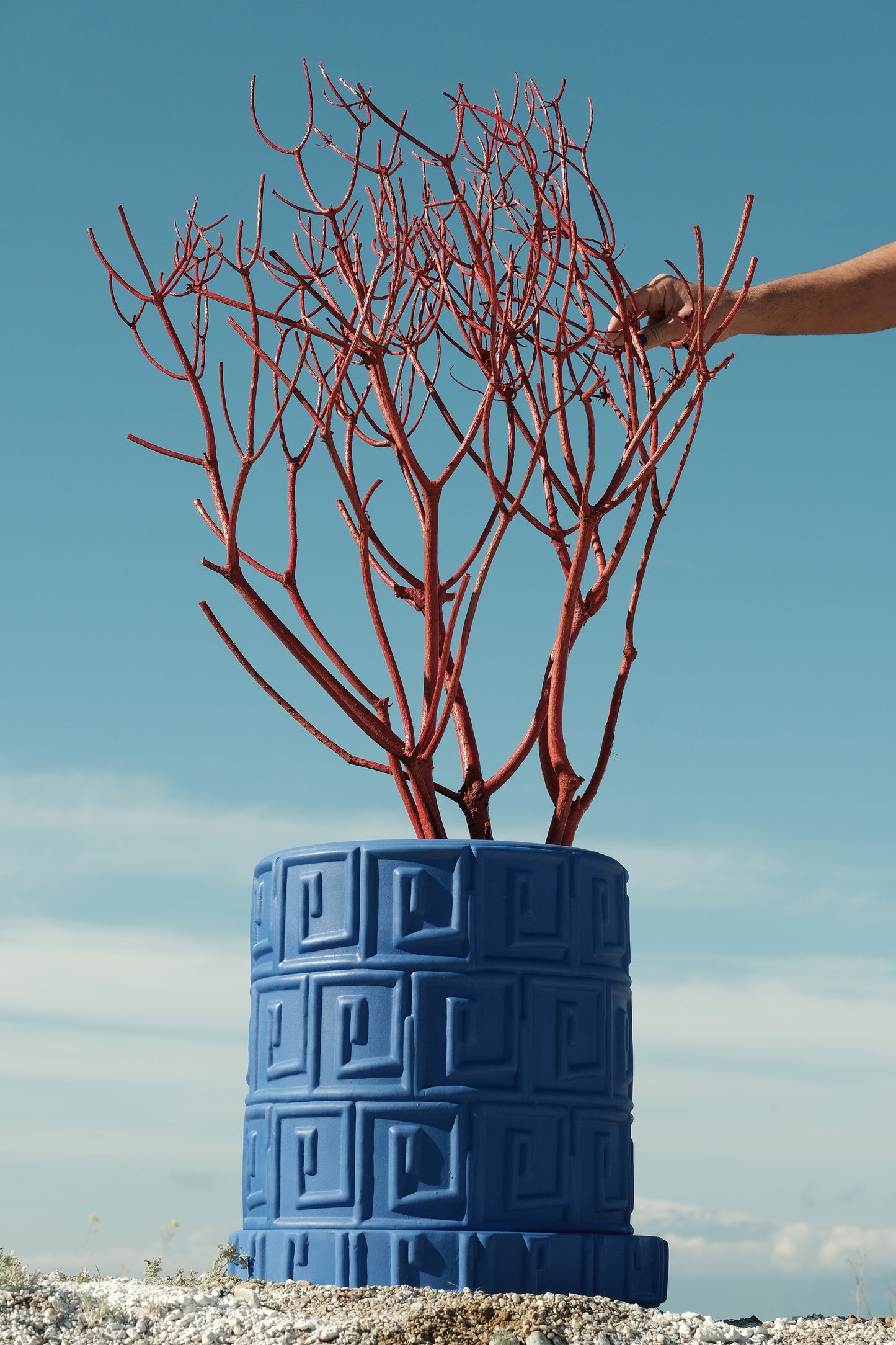 Terracotta Vase with Saucer Greca Blue